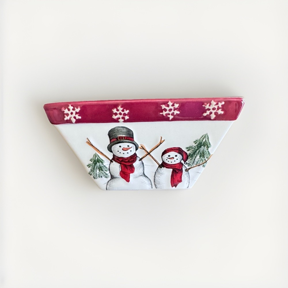 New ST. NICHOLAS SQUARE YULETIDE BOWL Winter Trees, Snowman Candy Snack Dish